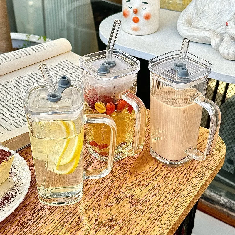 1Pcs Square Heat Resistant Coffee Glass Cup With Lid and Straw Transparent Milk Tea Juice Cups Coffee Mug For Home Bar Drinkware