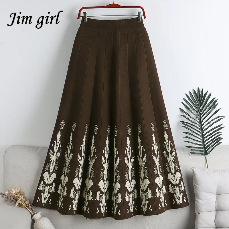 

Vintage Print Knitted Pleated Skirt Women Korean Elegant Elastic High Waist A-line Midi Skirts Female Autumn Clothes Saia Faldas