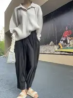 Miyake Pleated Long Sleeved Plus Size Women's Casual Style Polo Collar Loose Top - Image 3