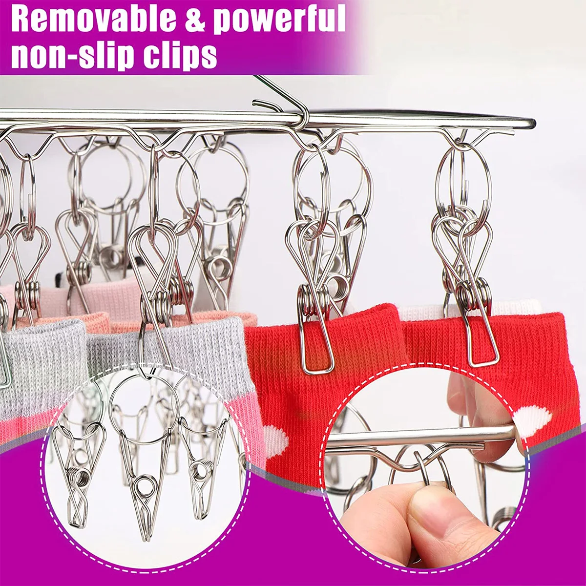 Sock Drying Rack with 36 Pegs Stainless Steel Sock Hanging Rack Swivel Wind-proof Laundry Drip Hanger Foldable Sock Hanger 4