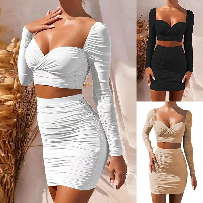 

2023 Spring Summer Fashion Set Temperament Square Neck Long Sleeve Top Pleated Slim Fit Wrap Hip Dress Two Piece Set White Top