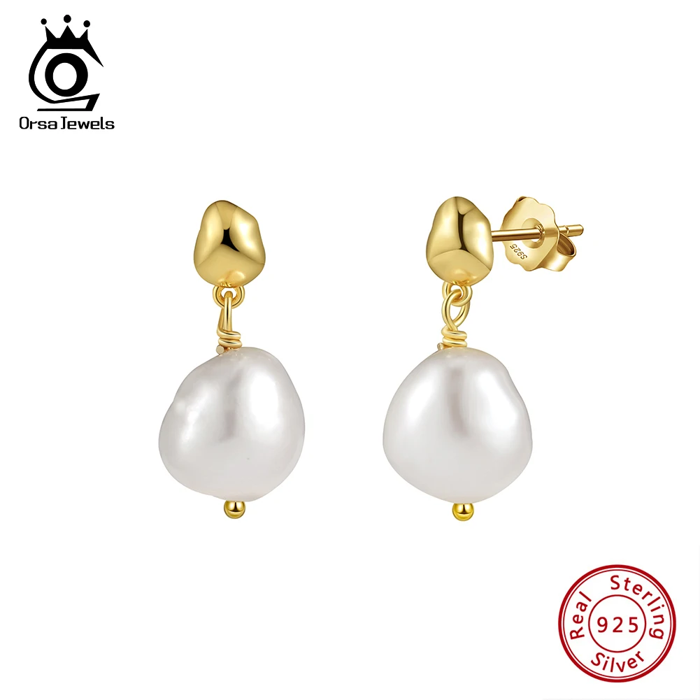 

ORSA JEWELS 14K Gold 925 Sterling Silver Simple Baroque Pearl Earrings for Women Minimalism Exquisite Ear Stud Jewelry GPE78