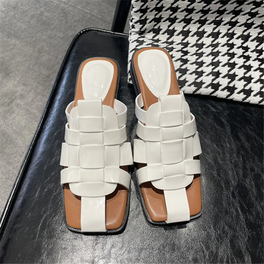 

Square Toe Women Half Slippers Summer Woven Gladiator Sandals Beach Flat Shoes Female White Outside Mules Casual Lazy Slides