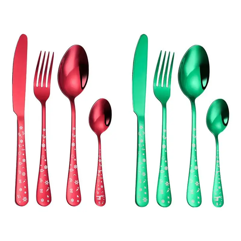 4pcs/set Christmas Flatware Set Stainless Steel Red Green Dinnerware Knife Fork Spoon Cutlery Dishwasher Safe