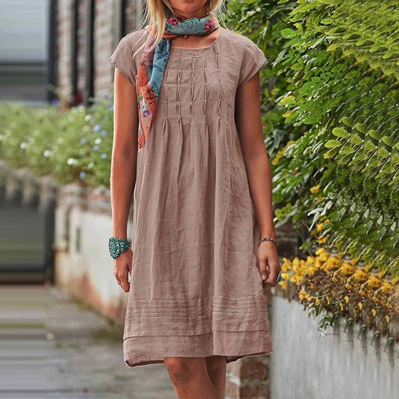 

Bohemian Summer Womens Dresses 2023 NEW Solid O-Neck Loose Dress Vestidos Female Casual Holiday Knee Length Dress Vestidos