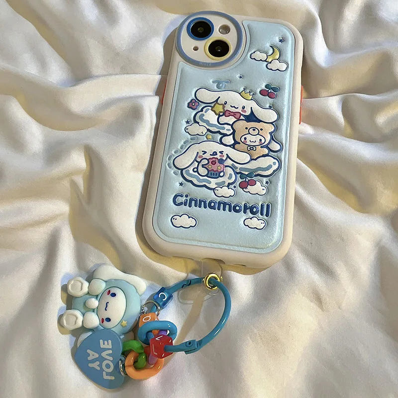 Kawaii Hello Kitty Sanrio Cinnamoroll Leather With Pendant Phone Case for  IPhone 14 13 12 11 Pro Max Anti-drop Back Cover Gift