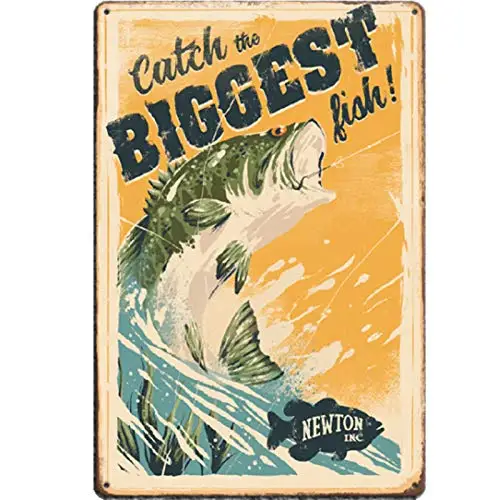 

Original Retro Design Catch The Biggest Fish Tin Metal Signs Wall Art | Thick Tinplate Print Poster Wall Decoration for Fishing
