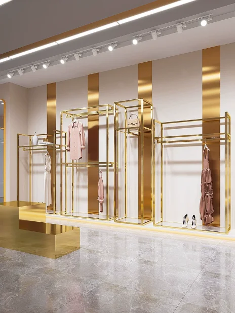 

Clothing store display rack, floor standing stainless steel titanium hanging rack, dedicated display rack for clothing stores