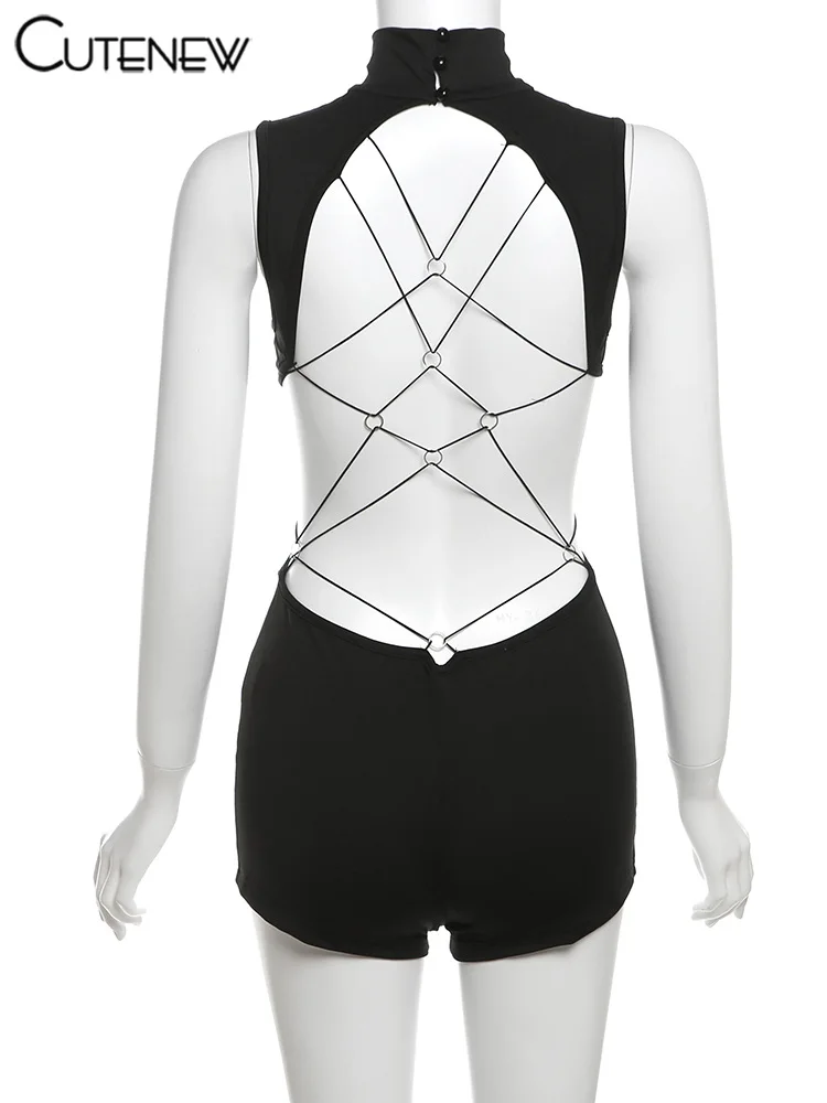 Monos sexys con espalda hueca para mujer, monos sólidos impresionantes sin mangas con cuello alto que moldean el cuerpo, ropa de calle elegante Y2K para mujer