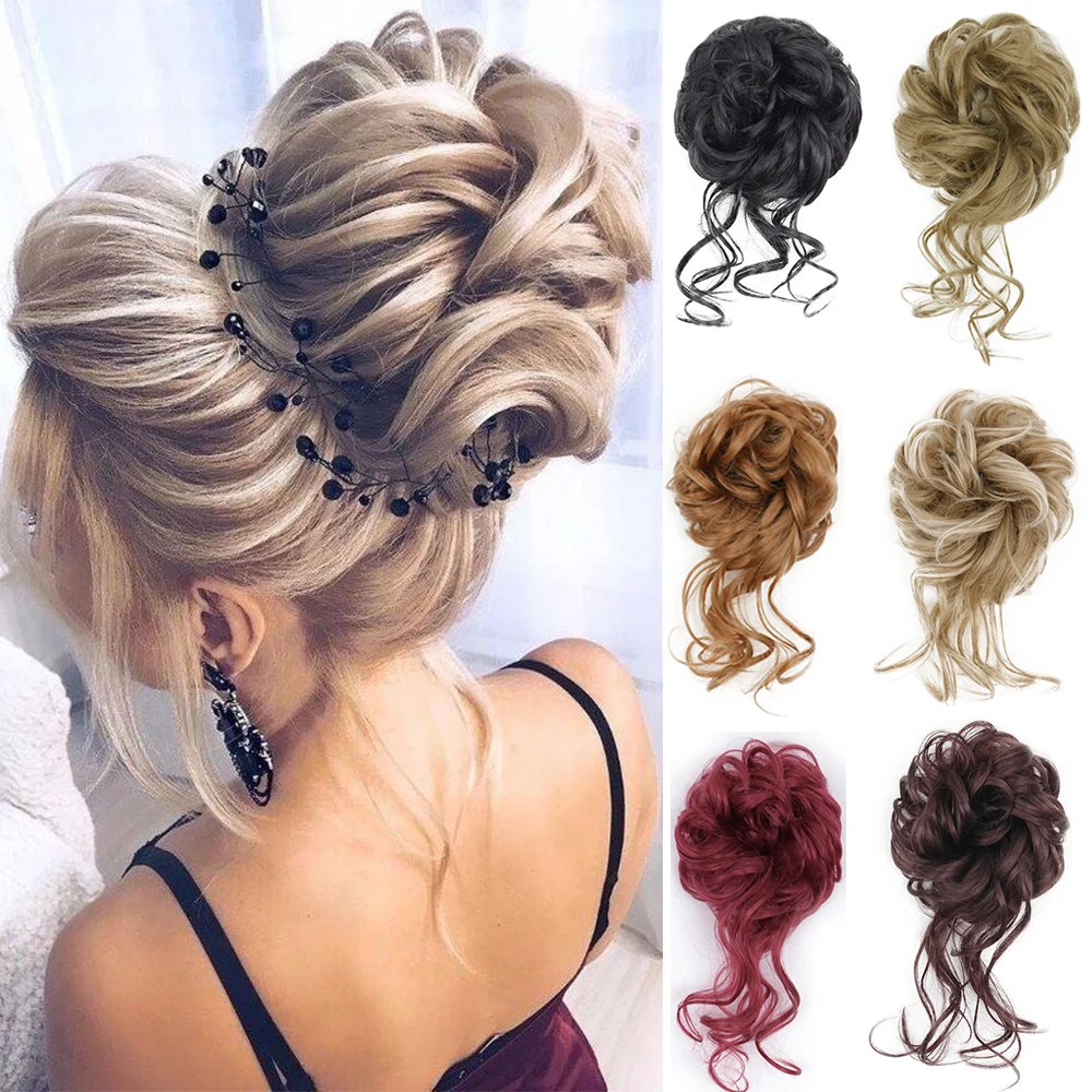 

Synthetic Curly Scrunchie Chignon With Rubber Ban Hair Ring Wrap Around on Hair Tail Messy Bun Ponytails Extension