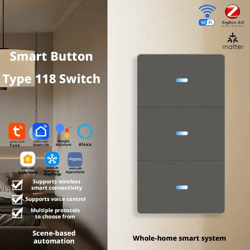 Wifi Smart Home Tuya 118 Type Button Switch App Remote Control Voice Control Home Matter Smart Button Switch Ac110-240v