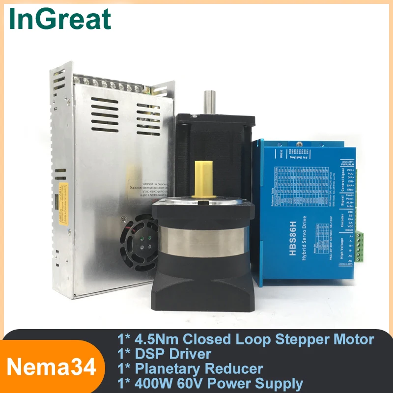 

Nema34 4.5Nm Closed Loop Stepper Motor Driver kit with Planetary Gearbox Reducer & 400W 60V S-400-60 Power Supply 2 Phase Motor