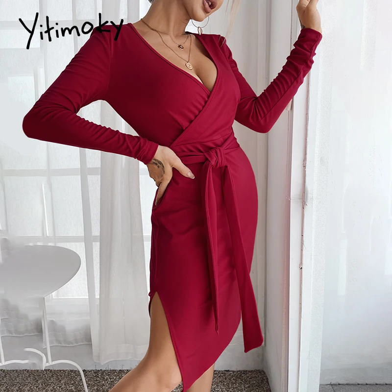 Rojo ajustado de manga larga para mujer, traje Sexy de con escote y dobladillo dividido, para 2021 AliExpress