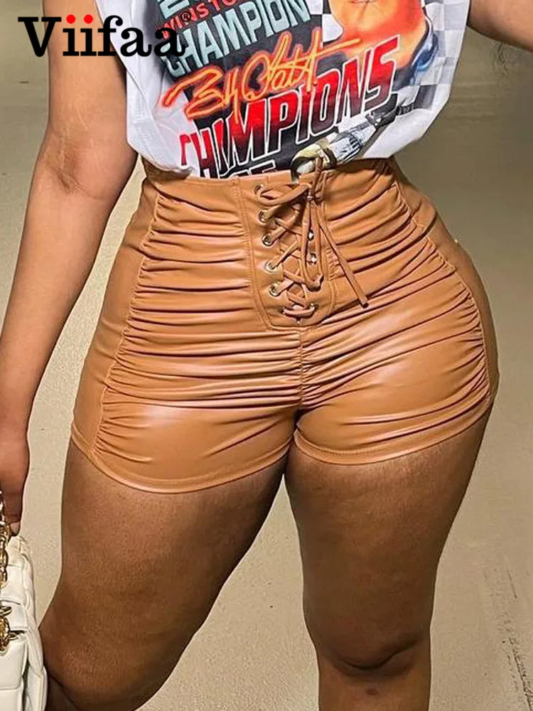 

Viifaa High Waist Lace-Up Front PU Leather Ruched Shorts for Women 2022 Fashion Streetwear Slim Fit Skinny Shorts