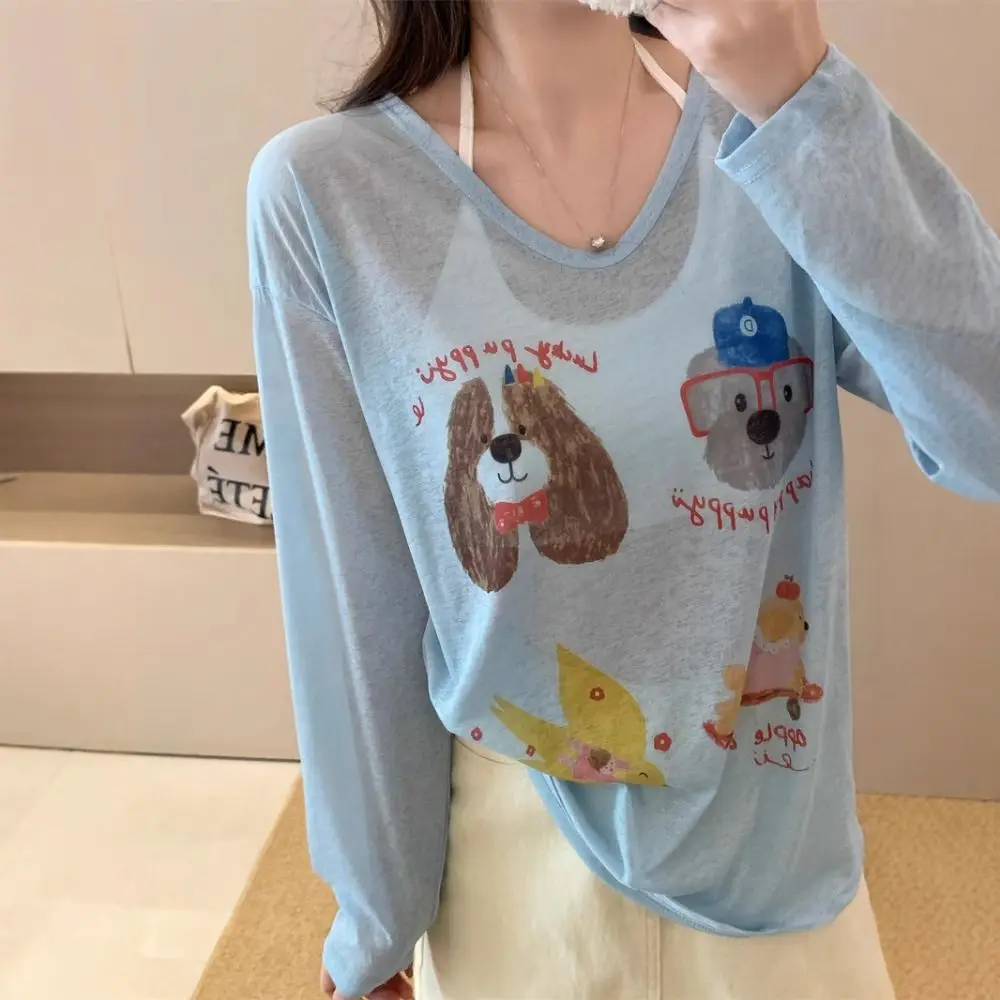 Thin Dog Print Graphic T-shirt Cartoon Sunscreen Cartoon Animal Long Sleeved Top Harajuku Ins Round Neck Oversized T-shirt