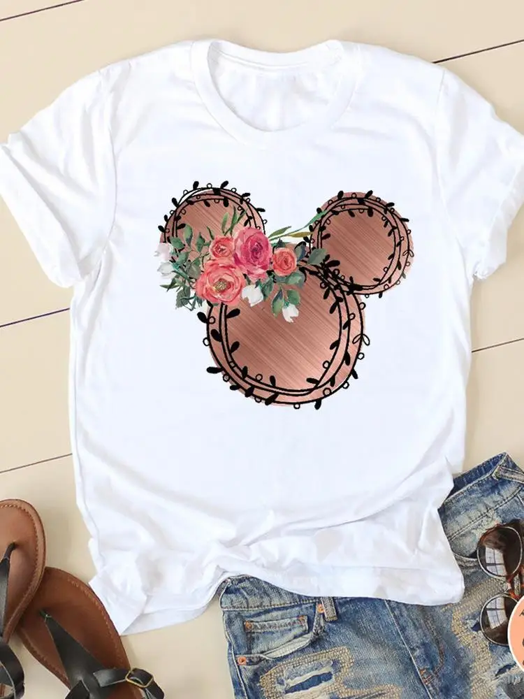 

Disney Mickey Mouse Tee Shirt Women Cartoon Head Flower Trend Graphic Short Sleeve T-shirts Casual Fashion Print Clothing