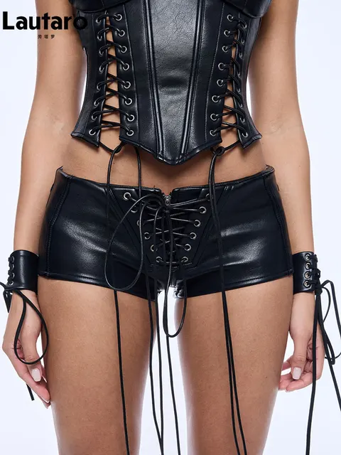 Shorts micro mini en cuir PU noir sexy Lautaro Printemps-Été pour femme, taille basse, style punk, vêtements Alt Gyaru, streetwear, basiques 1