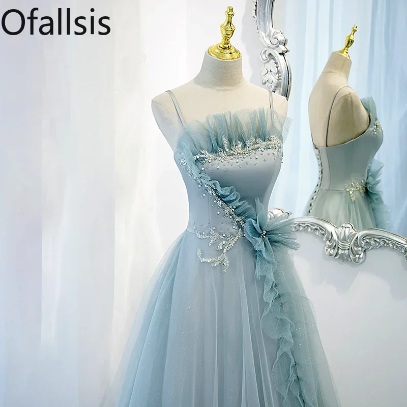

Ofallsis Banquet Ruffles Beaded Evening Dress 2023 Summer Elegant Celebrity Host Texture Vocal Art Exam Spaghetti Strap Dresses