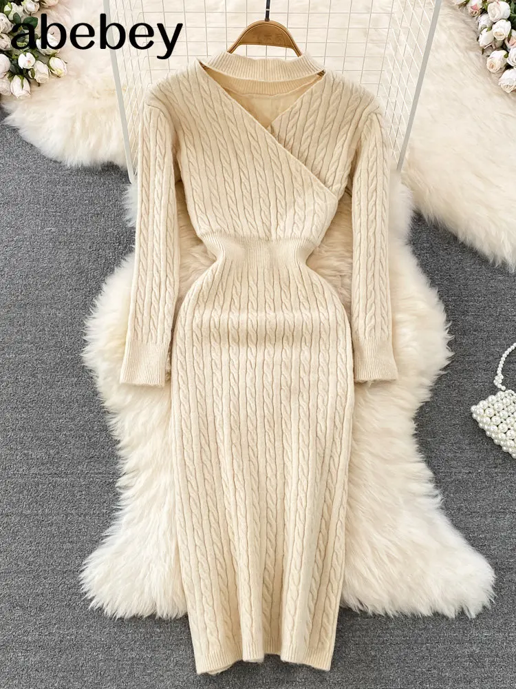 

Twist Women Knitted Pencil Dress Korean Long Sleeve V Neck Elastic Slim Dress Autumn Winter Sexy Bodycon Warm Sweater Dress