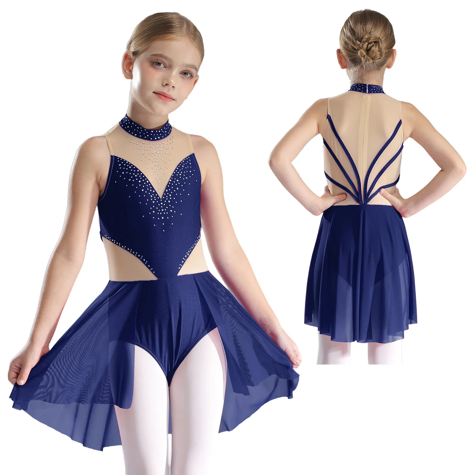 thumbnail image 1 of Niños Niñas patinaje artístico Ballet danza lírica disfraz de actuación diamantes de imitación brillantes malla transparente leotardo con falda Ropa de baile, 1 of 5