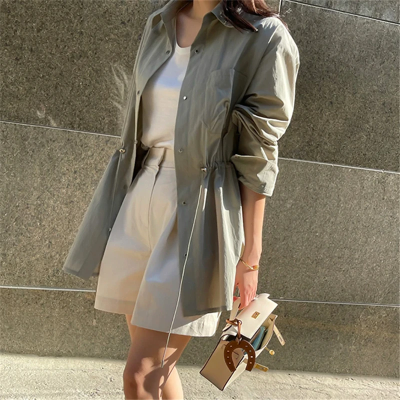 Autumn White Women's Shirt Outwear 2024 New Spring Solid Korean Thin Lace Up Single Breasted Cardigan Jacket Pockets Female