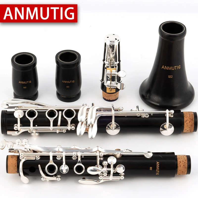 ANMUTIG Ebony Clarinet Bb Silver Plated Buttons 17 Keys Wood Clarinet G52