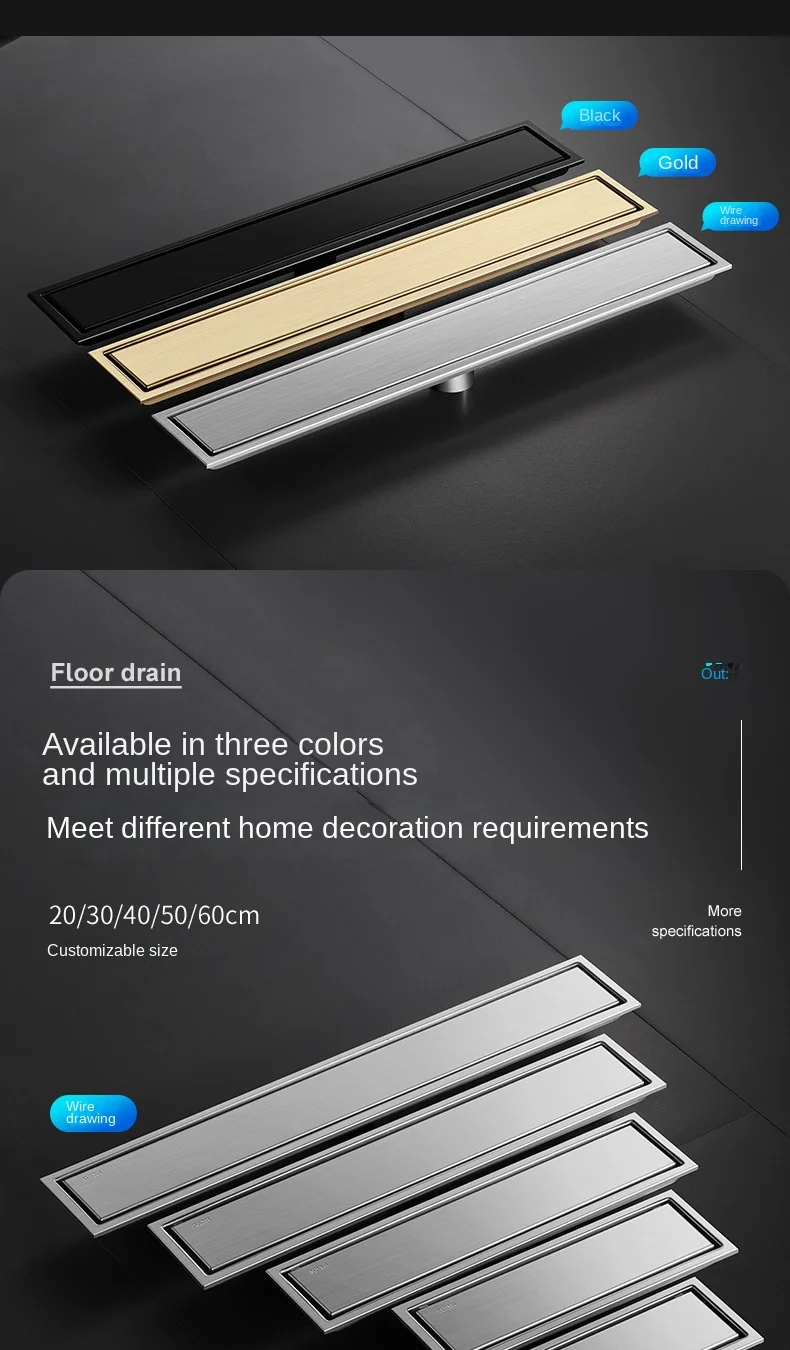 Invisible Tile Floor Drain Brshed Gold Black 304 Stainless Steel Lavatory Bathroom Shower Long Linear Drainage Side Floor Drains