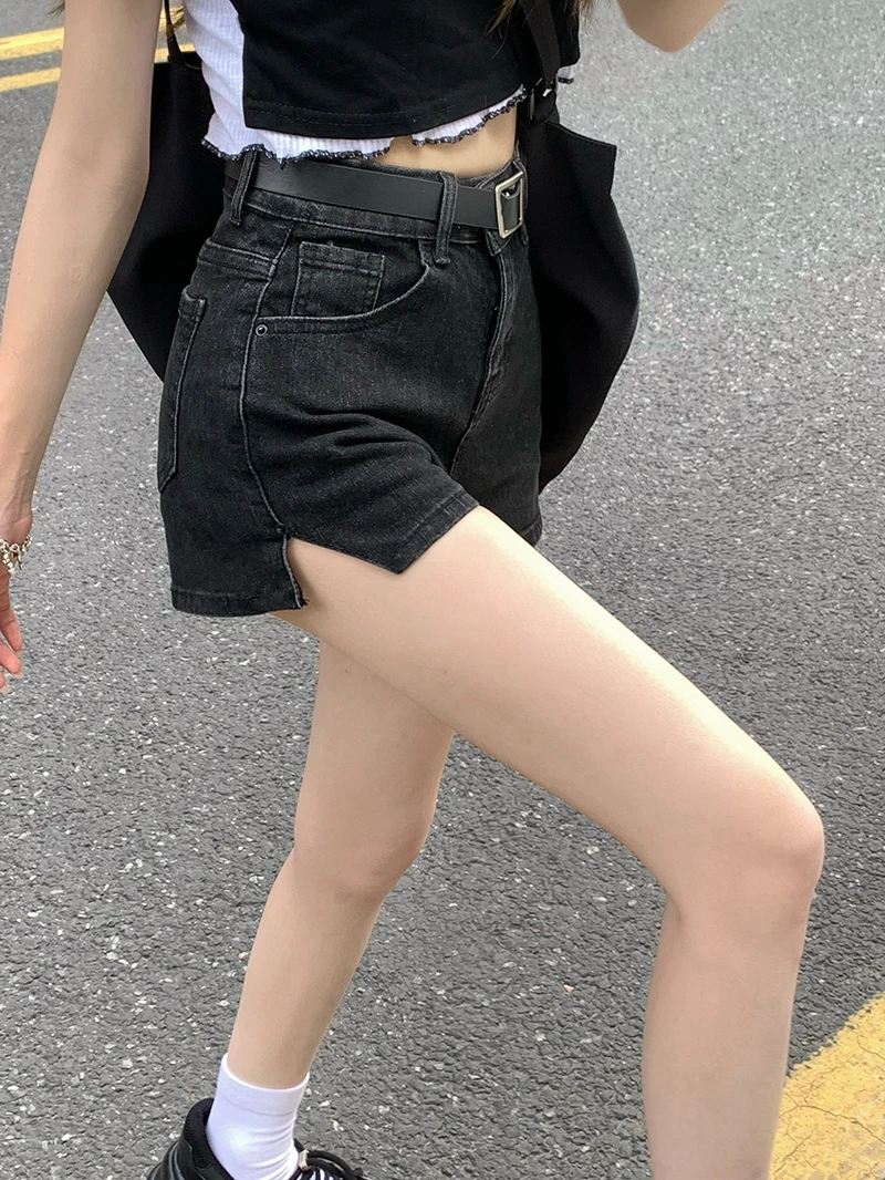 Women'S Casual Slit Denim Shorts High Waist Slim Button A Line Shorts Woman Summer Fashion Down Blue Washed  Pants Ladies New