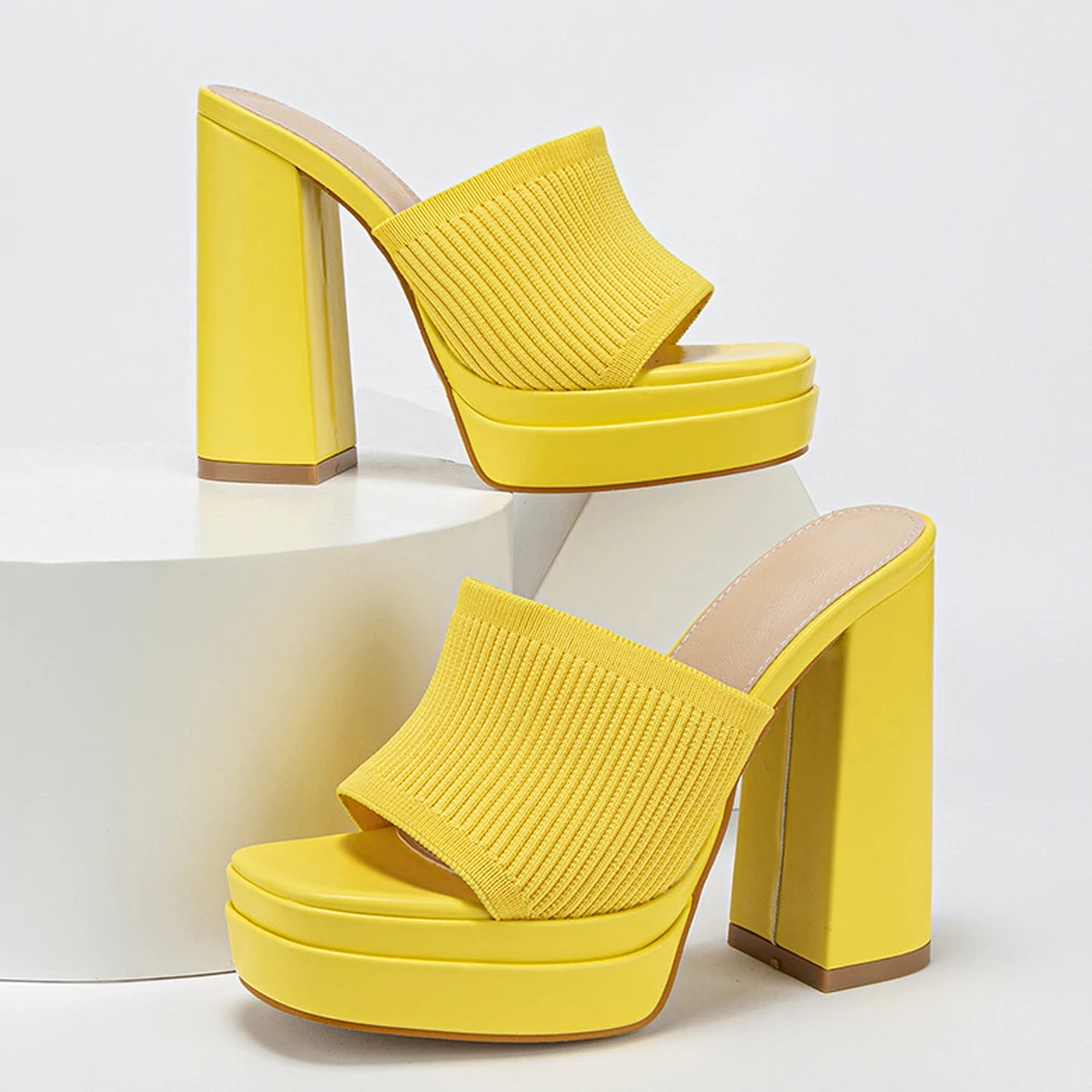 

Solid Knit Stretch Open Toe Slippers Platform Chunky Heel All Match Sandals Runway Shoes Summer Outerwear High-Heeled Slippers
