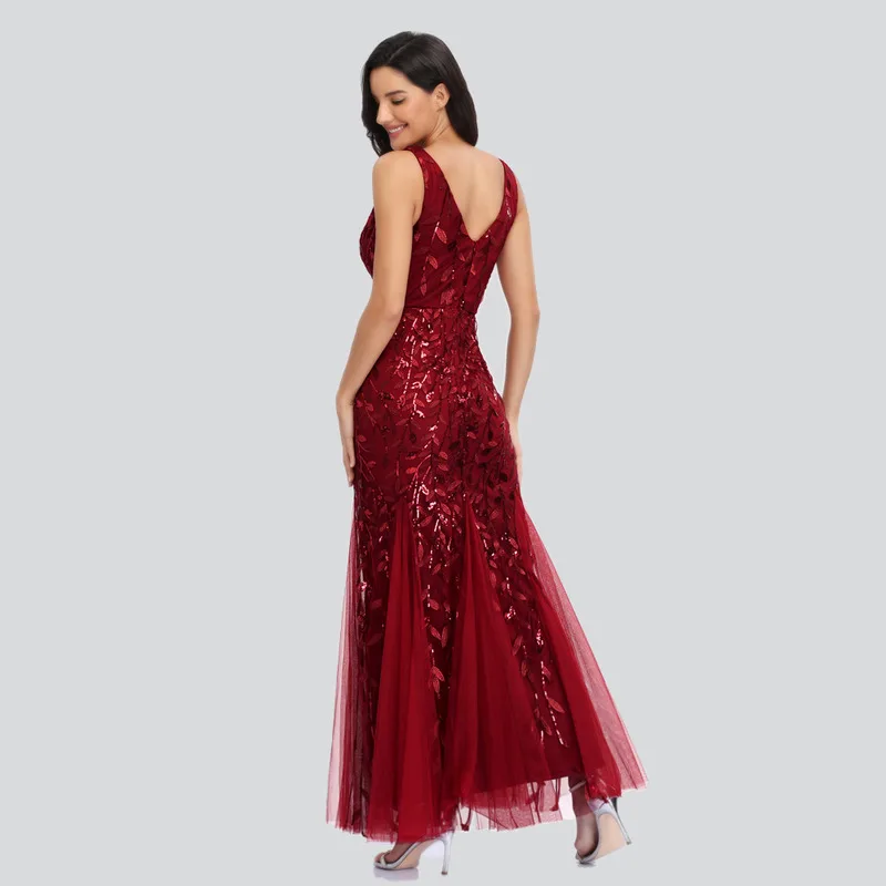 Sleeveless V-neck Tulle Sequins Tail Dresses V-back Mermaid Party Prom Gowns Plus Dresses Woman Party Night evening dress