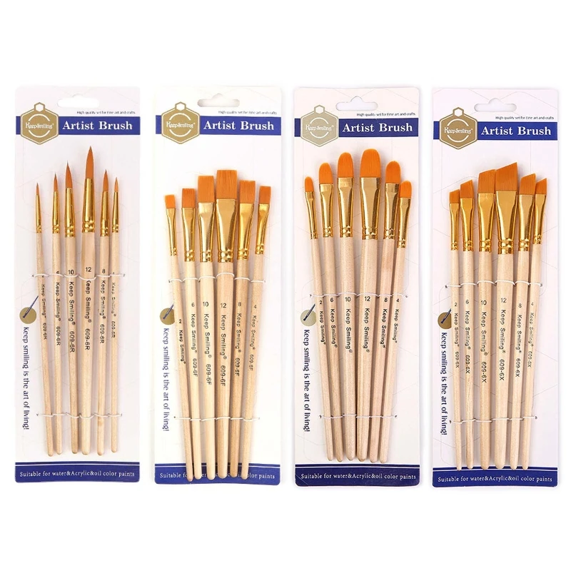 

6 pc Artist Paintbrushes for Acrylic Oil Watercolor Flexible Nylon Brush for Head for Kids Beginner Student Amateurs Painting