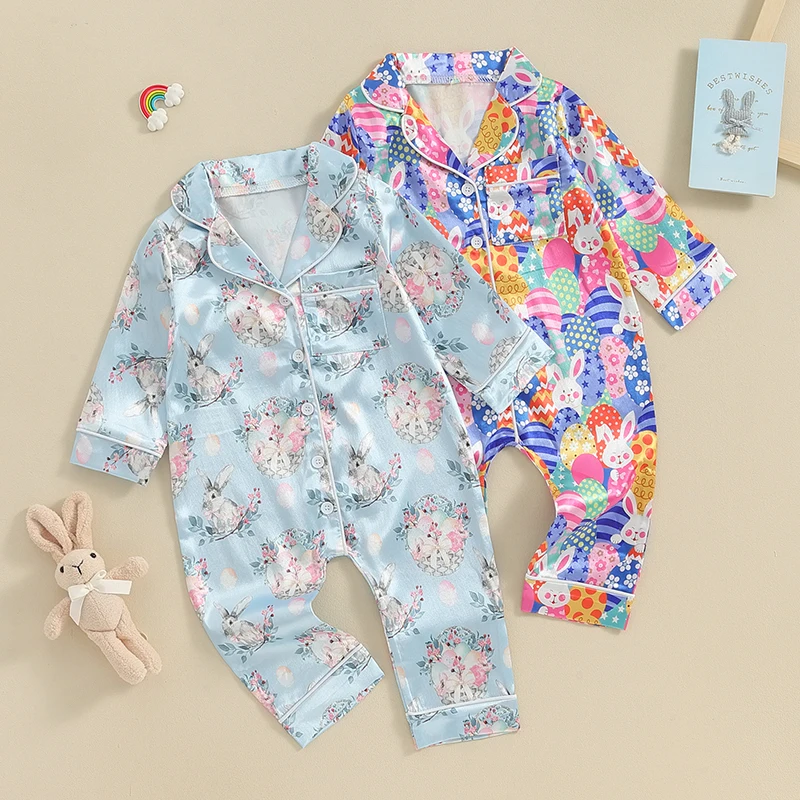 Baby Pajama Romper Lapel Long Sleeve Jumpsuits Sleepwear Newborn Toddler Loungewear Boys Girls Easter Rabbit Print Clothes