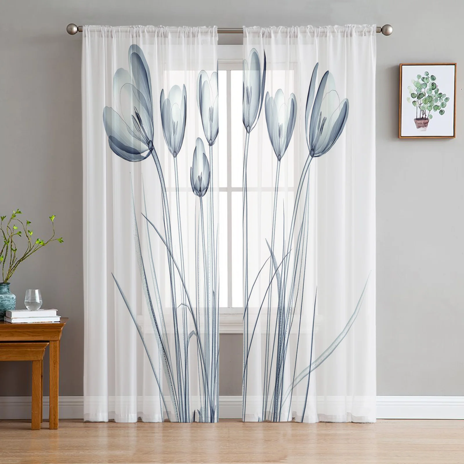 Blue Flowers Bouquet Sheer Curtains for Living Room Bedroom Window Treatment Kitchen Chiffon Curtain