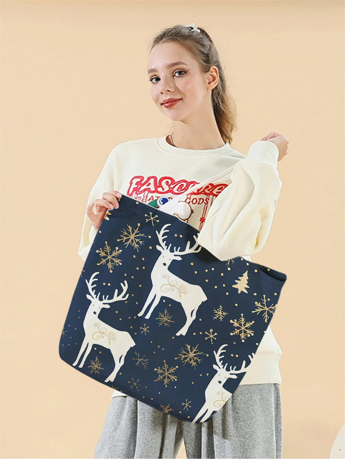 1pc,Snowflake Deer handbag, reusable fashionable handbag, multifunctional handbag, printed canvas shopping bag