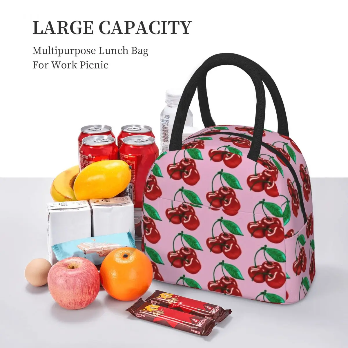 Red Cherry Lunch Bag Green Leaf Print Travel Lunch Box For Girls