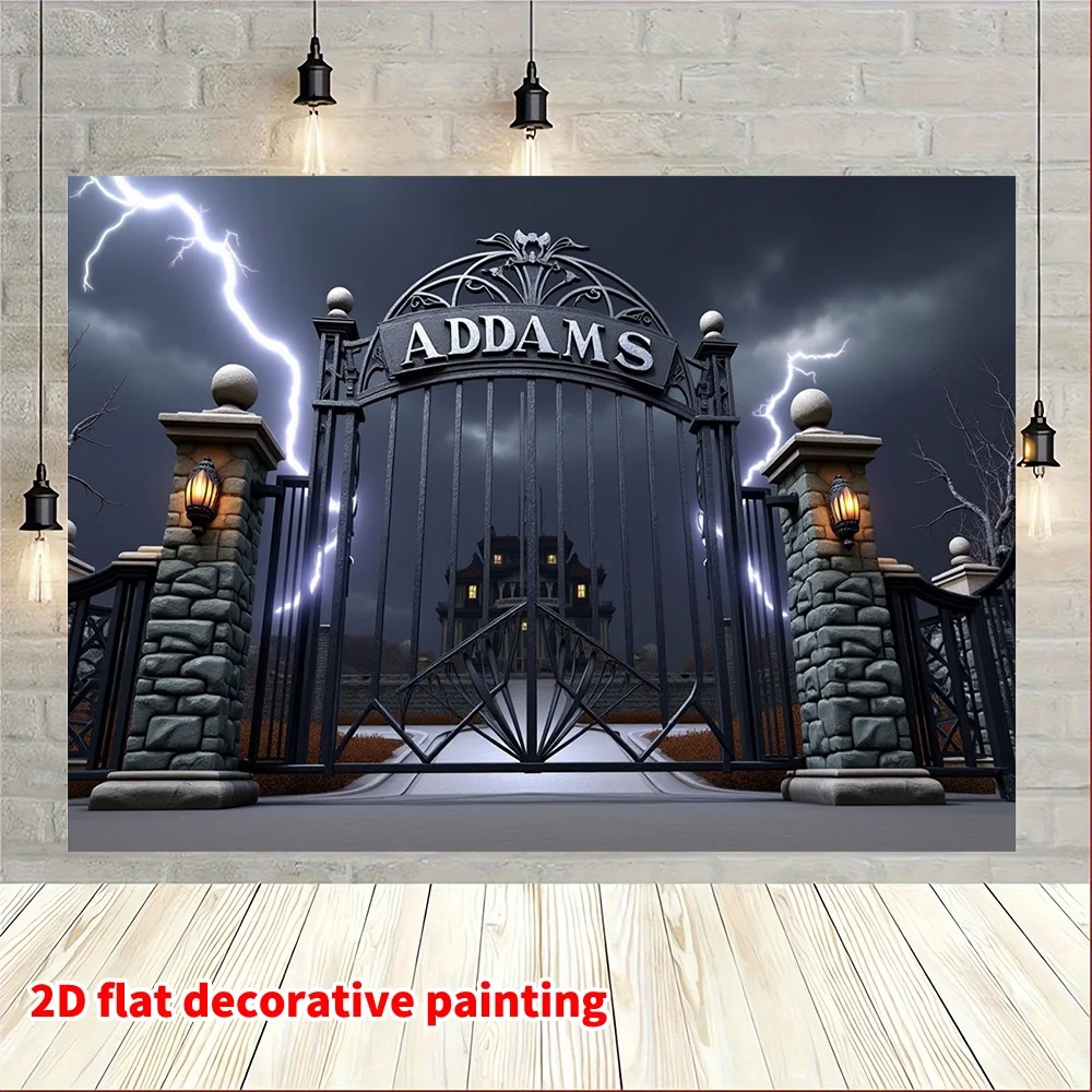 2D flaches 1-teiliges Halloween-Polyester-Hintergrundtuch – Adams Family Mansion Gate, geeignet für Halloween – Detail 10