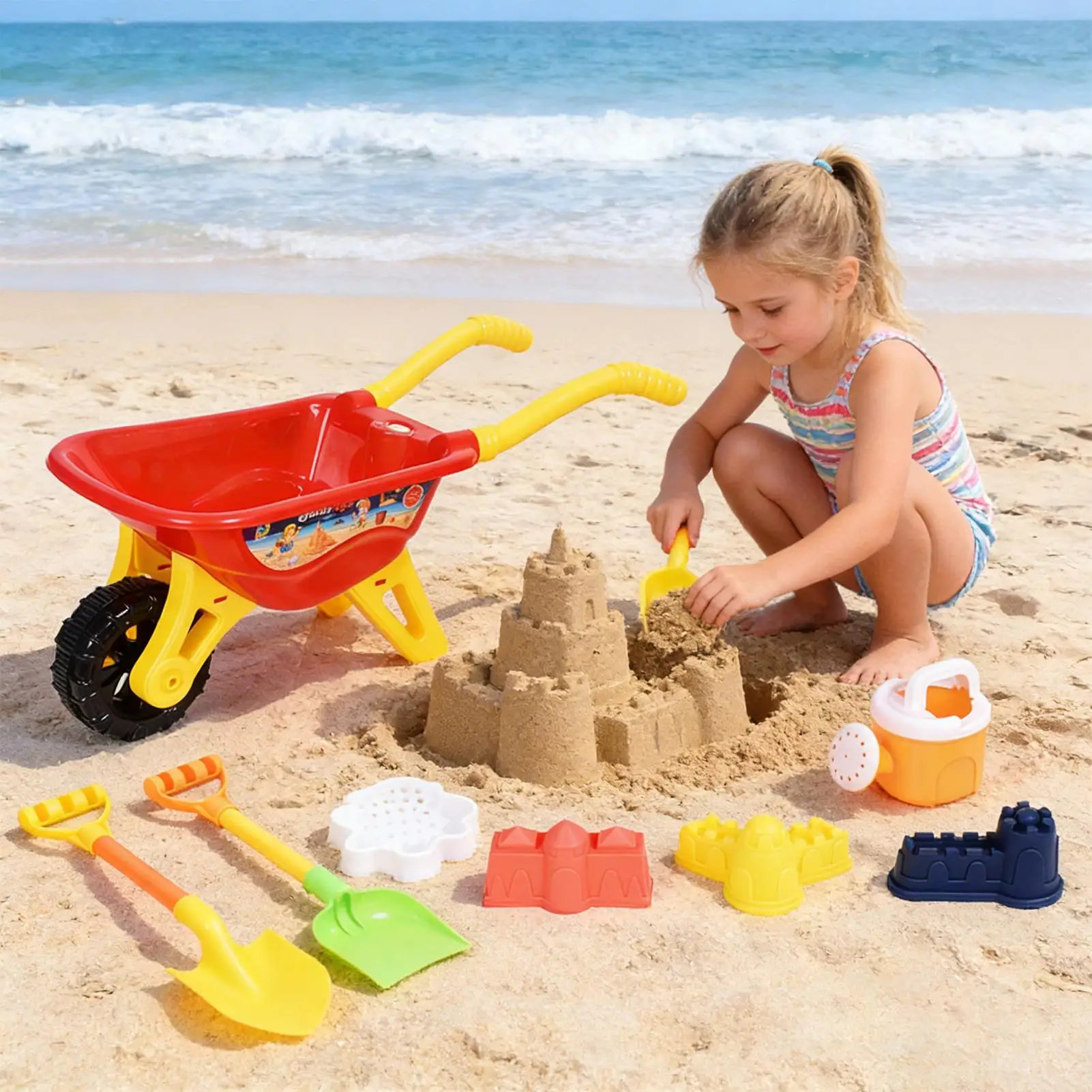 Set di attrezzi da spiaggia per bambini: paletta, carrelli da sabbia, annaffiatoio, giochi estivi per piscina e giardino all'aperto._voghion.com