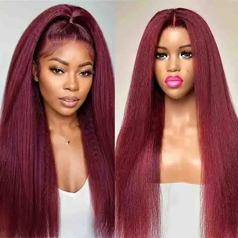 Burgundy Yaki Straight Wig Pre Plucked With Baby Hair 13x4 Lace Front Wigs Human Hair 99J Color Kinky Straight Human Wig