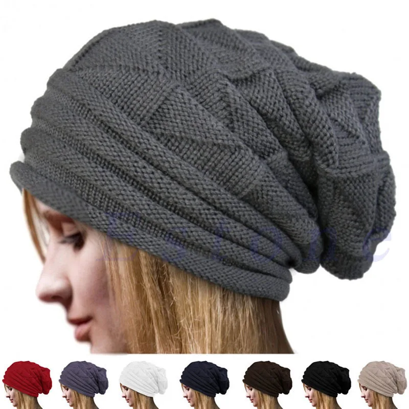  - Women Knitted Caps Autumn Winter Ponytail Beanie Hat Solid Color Oversized Ski Slouchy Cap Wool Warm Hats Unisex Beanies Turban