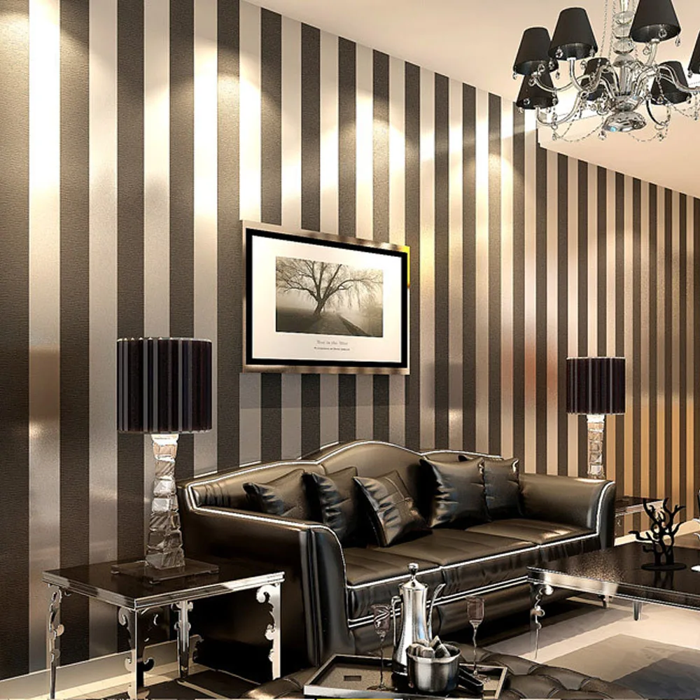 Q QIHANG Modern Minimalist Non-woven Vertical Stripes Wallpaper Roll Black Gray 0.53m*10m=5.3m2