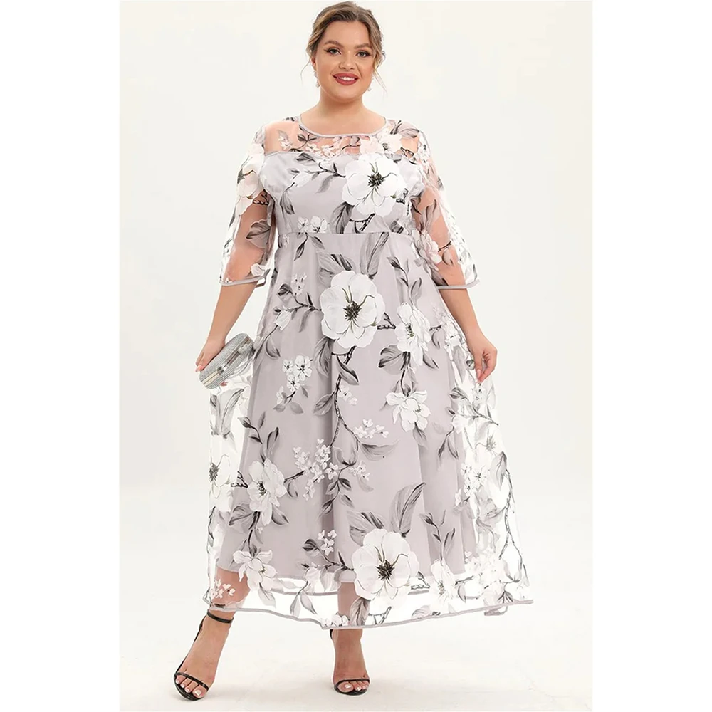 

Plus Size Mother Of The Bride Grey Floral Print Mesh Layered A Line Tunic Maxi Dress