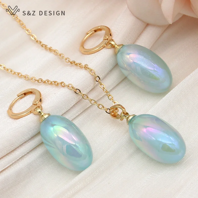 S&Z DESIGN New Fashion Luxury Egg Shape Colorful Oval Bead Drop Earrings Jewelry Sets For Women Wedding Pendant Necklace Gift