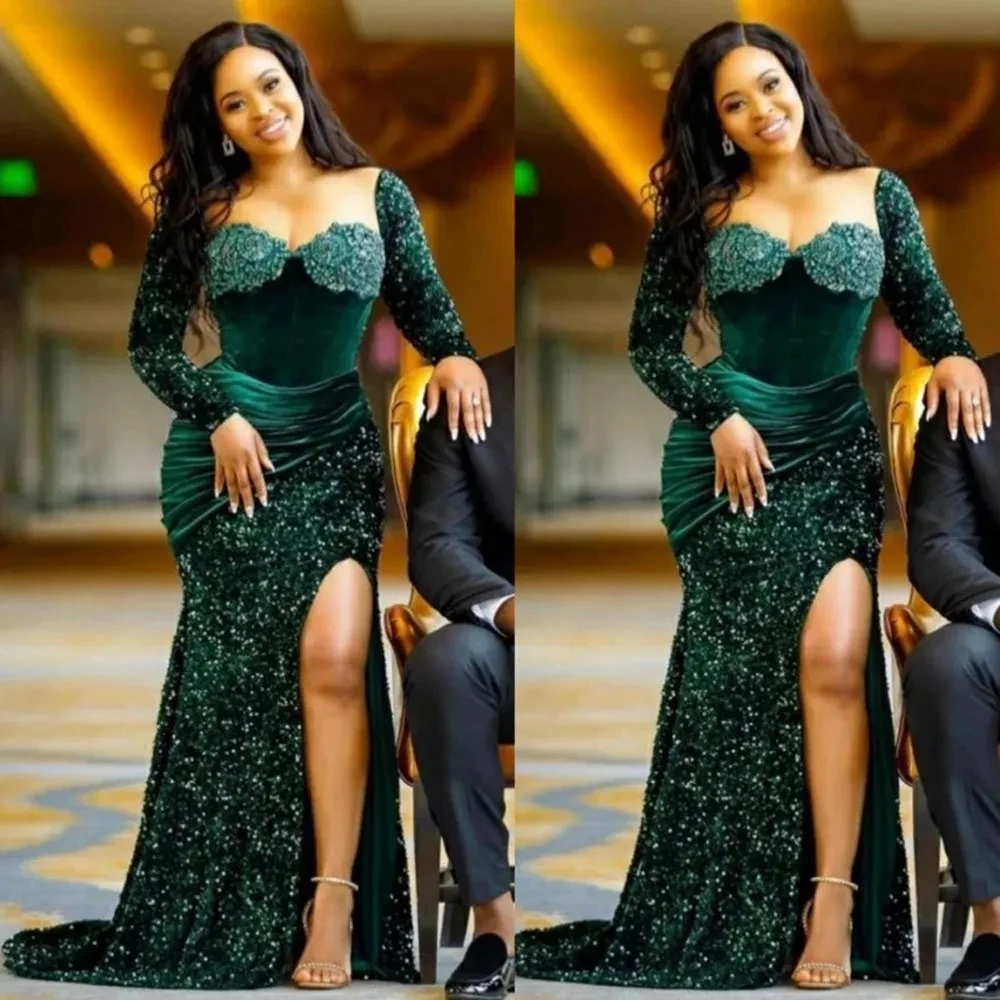 

Emerald Green Women Evening Dresses Mermaid 2023 Sparkly Long Sleeves Sequins Formal Night Party Prom Gowns Plus Size Black Girl