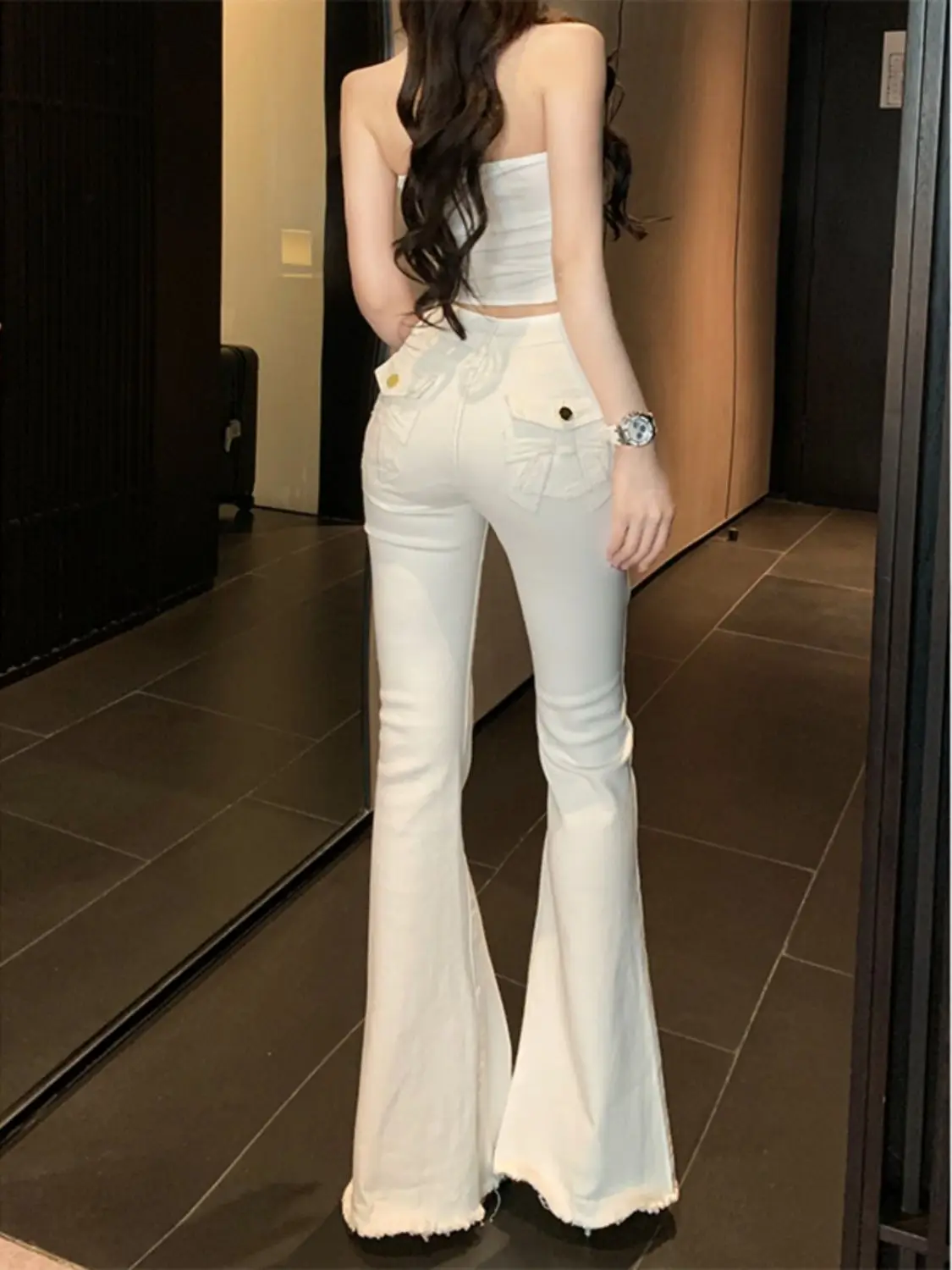Slim Fit High Waist Bell Bot Denim Jeans Women's Spring 2025 New Sle  Knot Wide Leg Pants Casual Waed Pure Color