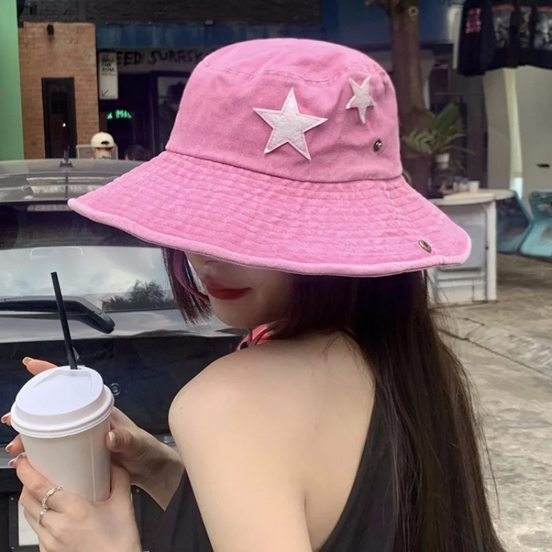 Hot Sale Punk Stars Bucket New Summer Y2K Star Pink Retro Big Brim Outdoors Sun Protection Girl Cowboy Hat Casual Jazz Cap_senzul.com