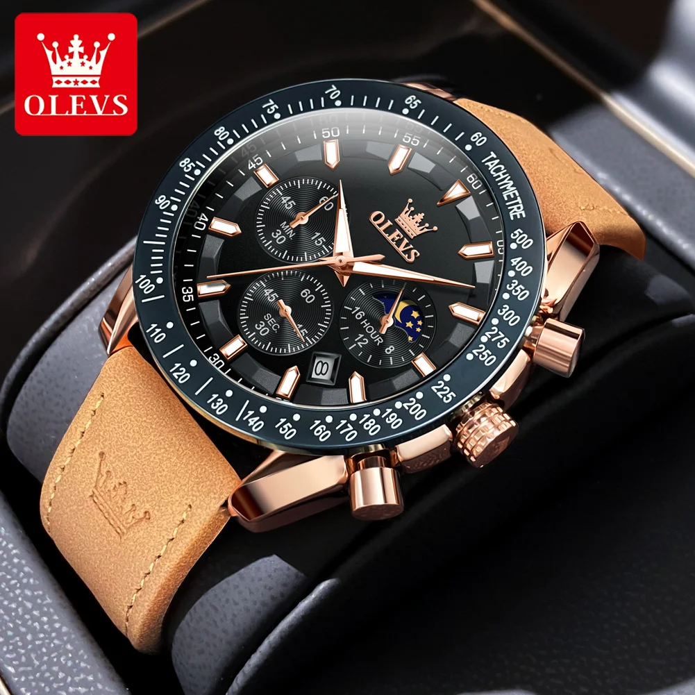 

OLEVS Men's Watches Chronograph Moon Phase Original Quartz Wristwatches Luxury Leather Strap Waterproof Luminous Watches for Men