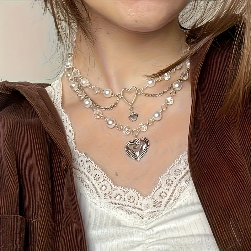 Elegant Multi-Layer Faux Pearl Love Heart Pendant Necklace for Women New Fashion Y2K Choker Party Jewelry Occasions