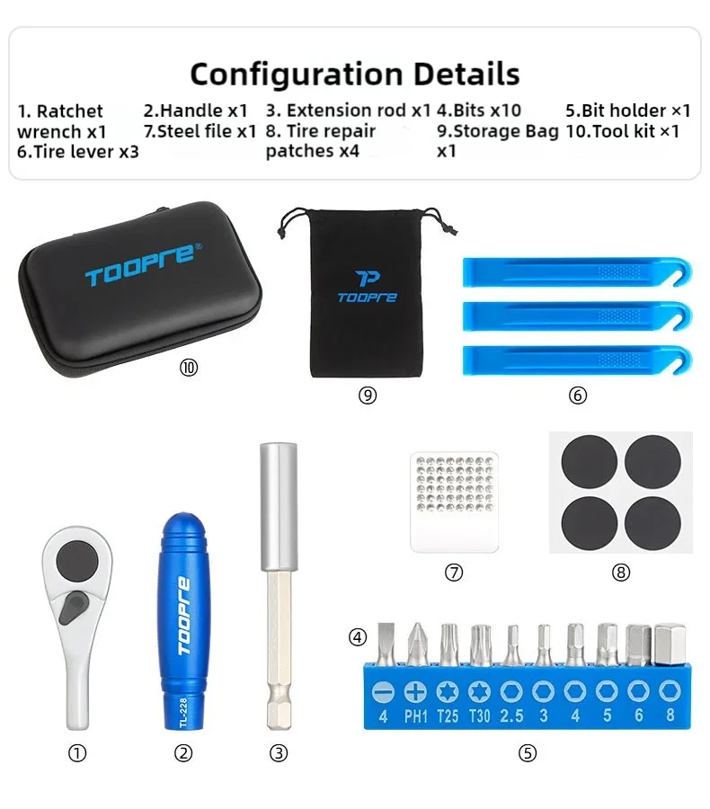 TOOPRE Fahrrad Mini Ratsche Set Tragbare Multi Funktionale Reparatur Kit Fahrrad Reifen Schlüssel Reifen Reifen Patch Reparatur Werkzeuge – Detail 5