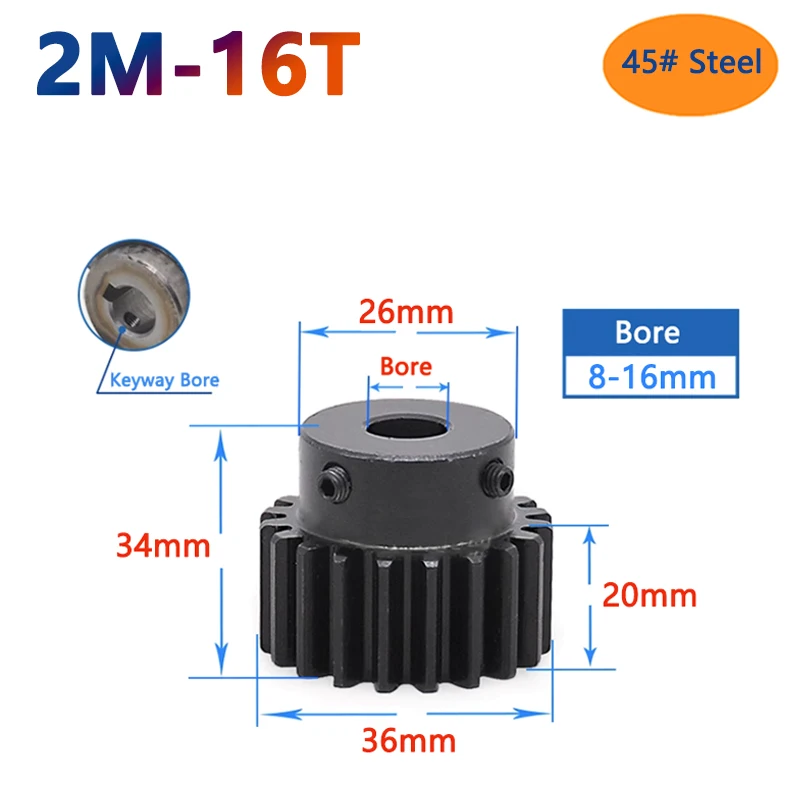 Aço Transmissão Drive Gear 16 Dentes m Passo 16 t Módulo 45 Diâmetro mm 10 mm 12 mm 14 mm 15 mm 16 mm 1pc