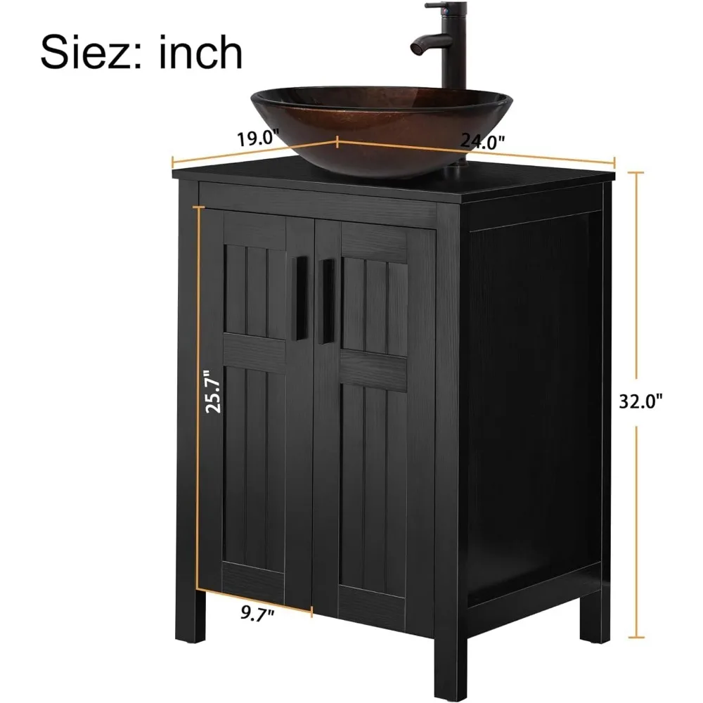24" Black Bathroom Vanity with Sink Combo,Modern Vanity with Vessel Sink,Stylish Bathroom Cabinet,Grooved Doors